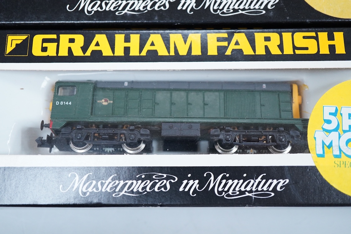 Four boxed Graham Farish N gauge railway diesel locomotives; a BR class 20, 20 215 (8208), a BR class 20, D8144 (8204) (front detached), a BR class 25, D7645, (8304) and a BR class 31, 31 552 (806A).